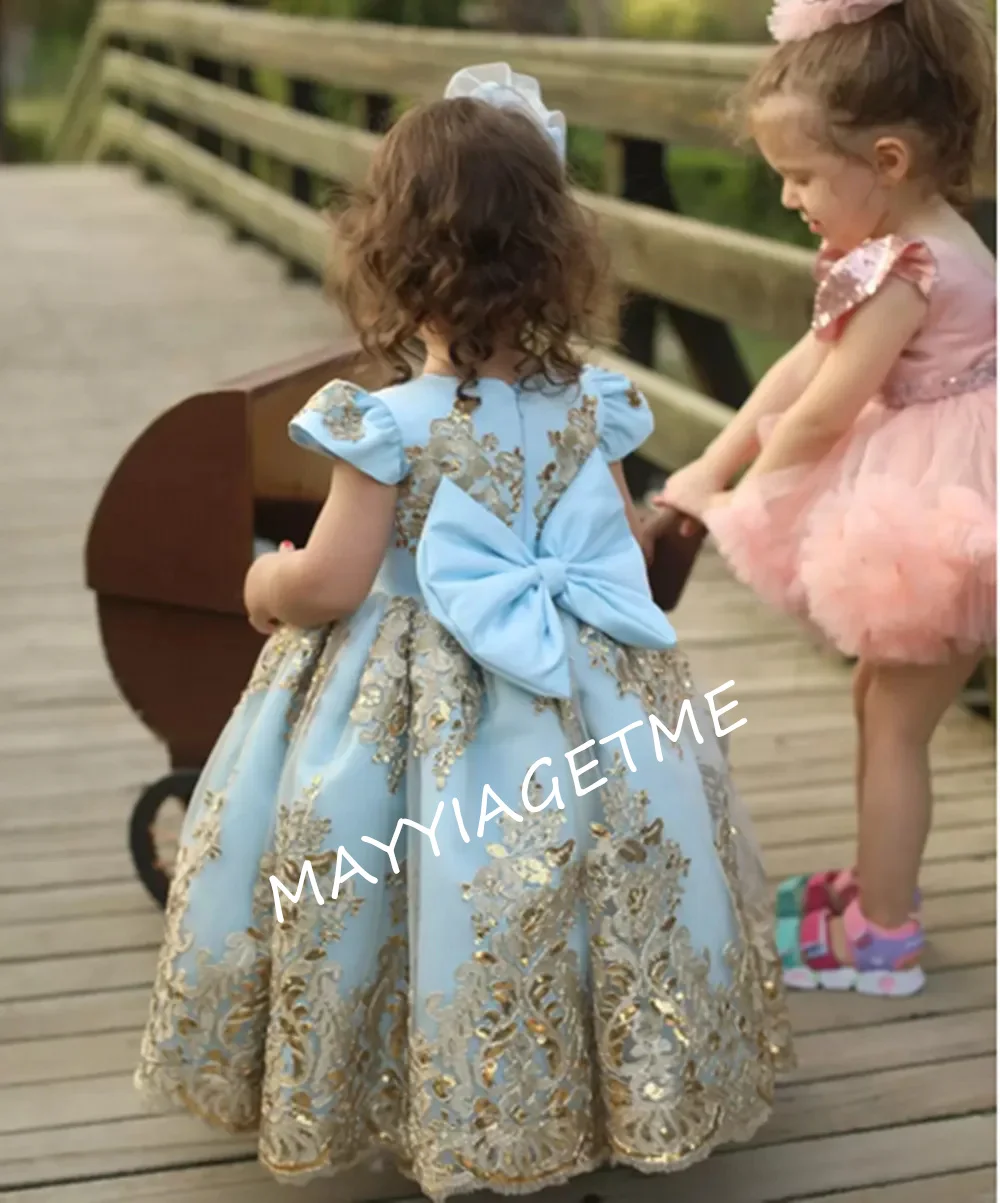 Vestido de flores azul cielo claro para niña, apliques de encaje con lazo de lentejuelas, vestido de boda para niña pequeña, vestidos de cumpleaños para desfile de comunión