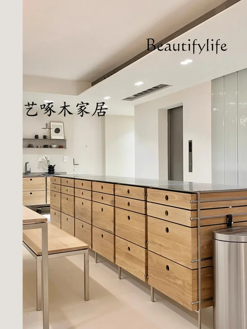 X Nordic Original Oak Chest Cabinet, Log Dining Side Storage Cabinet, Minimalist Stainless Steel Multi-functional Cabinet