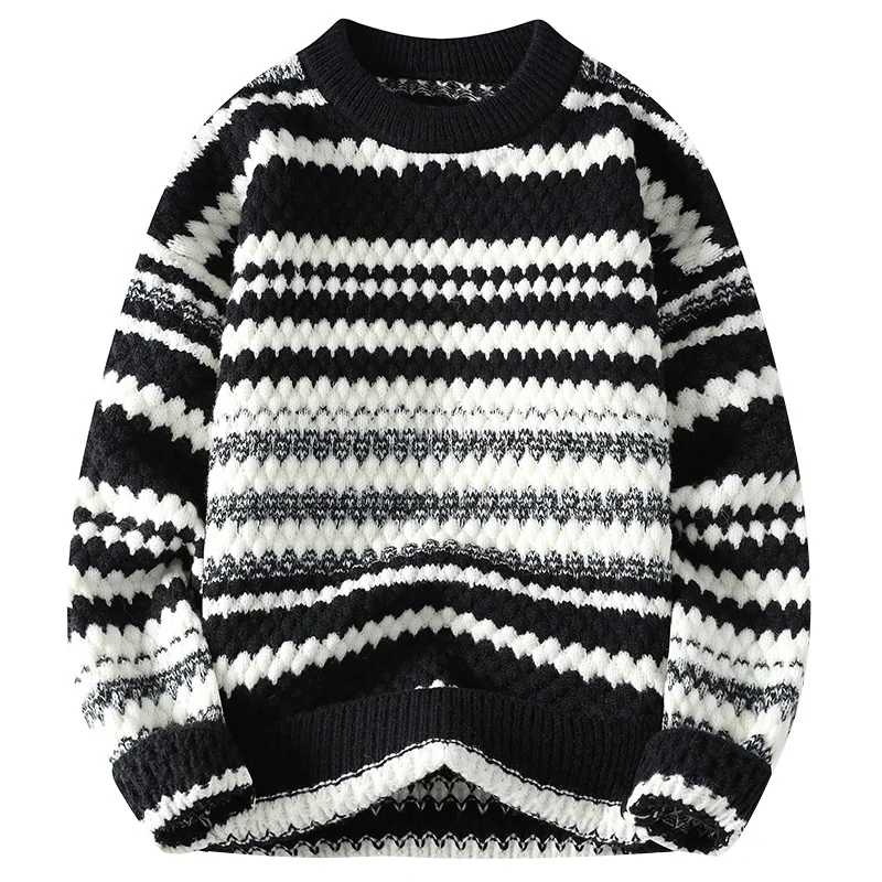 Осень-зима, новый мужской свободный пуловер, мужской облегающий модный вязаный свитер, мужской толстый теплый пуловер, свитера в полоску в стиле ретро