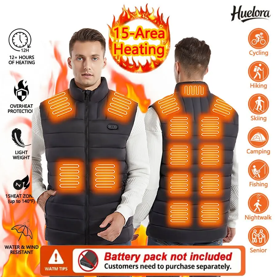 

Huelora 15-зонный жилет с подогревом, зимний мужской жилет с подогревом для скалолазания на открытом воздухе, женское пальто без рукавов для кемпинга (Power Bank в комплект не входит)