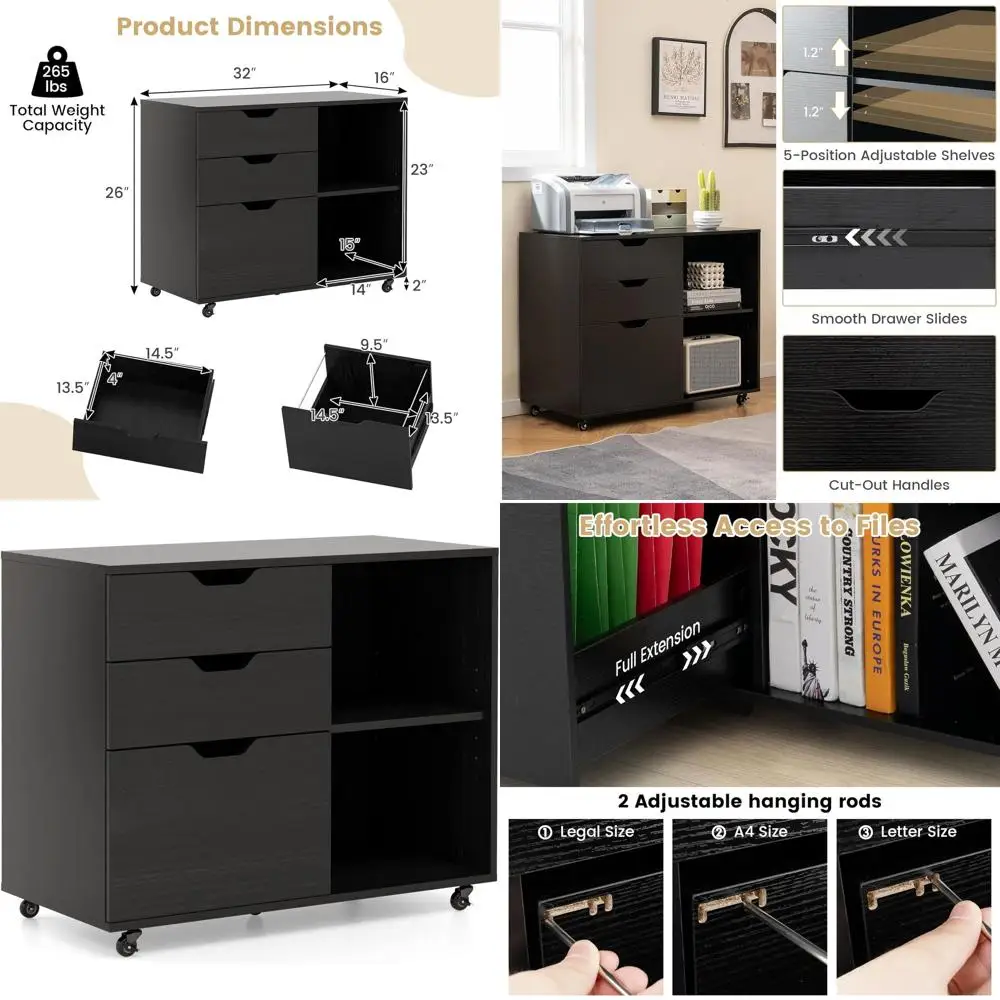 

Black Rolling 3-Drawer File Cabinet with Open Shelves for Legal/A4 Files, Under Desk Organizer for Home Office