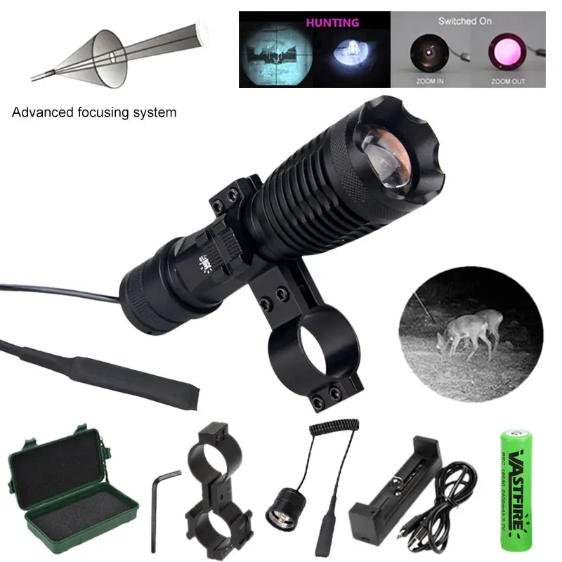 IR-710 Hunting Flashlight 7W Infrared Radiation IR 850nm Night Vision Zoomable Weapon Light+18650+Charger+Switch+Mount+Case