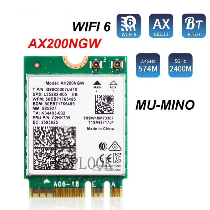 Placa wi-fi 6 ax200ngw 2.4gbps banda dupla 2.4ghz/5ghz 802.11ax/ac MU-MIMO bluetooth 5.1, kit de cabo de antena externa 6dbi/8dbi