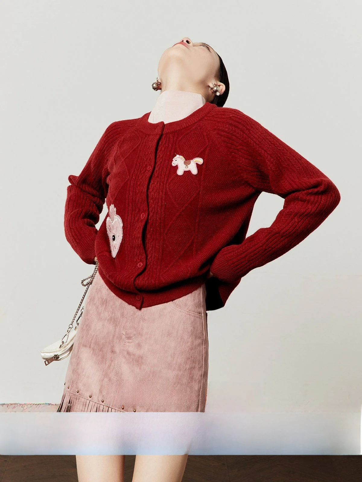 

Red Knitted Sweater Women's Spring New Sle Cardigan Love Heart Embroidery Commute Wind Loose Fit Long Sve round Ne