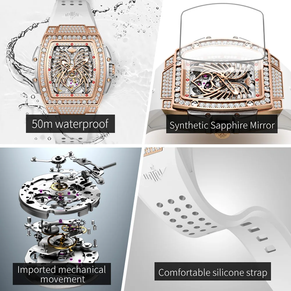 OUPINKE-reloj mecánico automático para mujer, accesorio de marca de lujo con todos los diamantes, clásico, de silicona, resistente al agua,