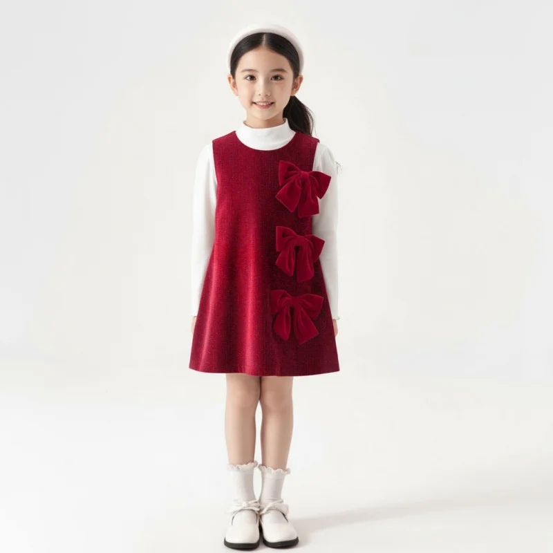 

Autumn Winter New Dress Stylish Girl's Fleece-Lined Thickened Base Layer Floral Bow Festive New Year Outfit