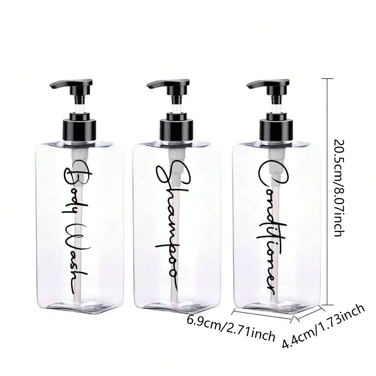 3 Transparent Square Refillable Shampoo and Conditioner Dispensers, 400ml Each, with 3 Waterproof Labels