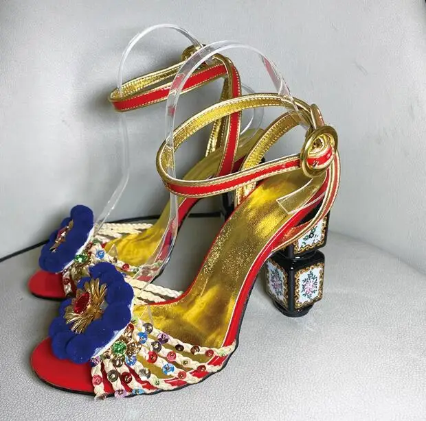 الصيف أضاليا زهرة الأزهار مكعب صندل كعب عالٍ اللمحة تو جوهرة كريستال متعدد الترتر حزام انقطاع امرأة مأدبة فستان الأحذية