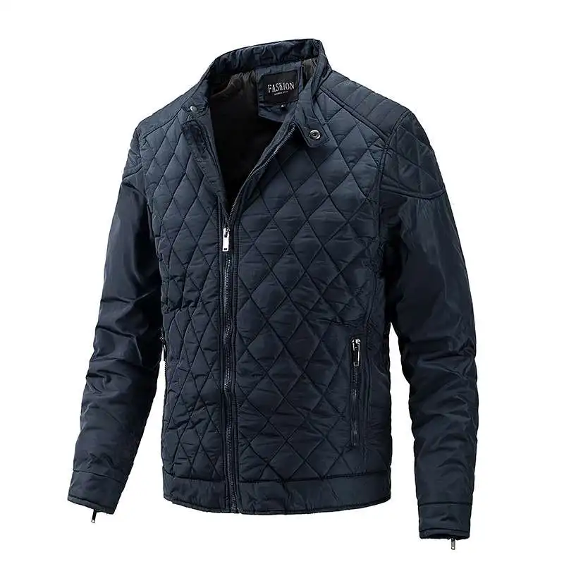 

Autumn Winter Men's Lightweight Cotton Casual Clothes Plaid Long Loose Fit Zipper Closure Silk Cotton Filled Youth Faion