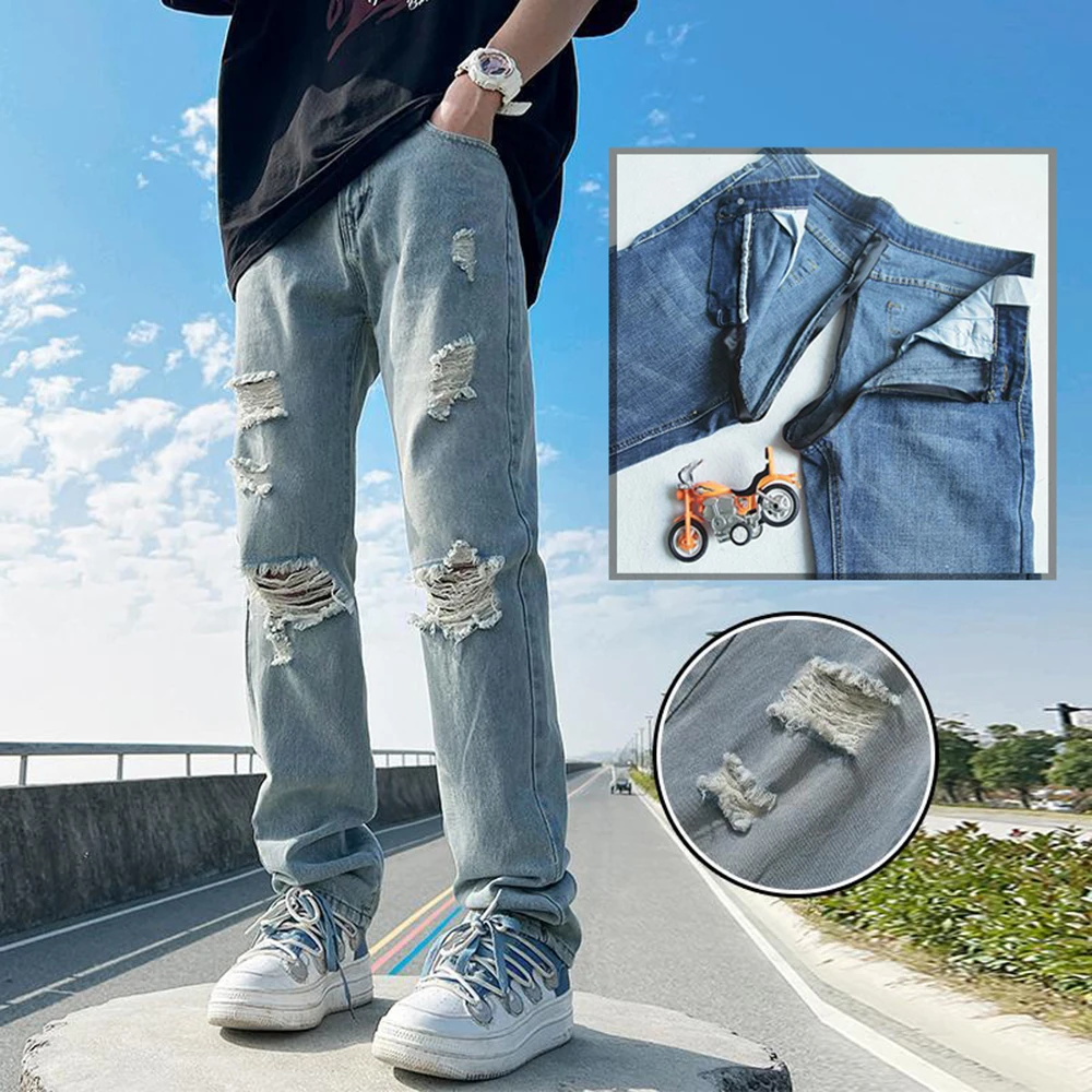 

Men 9-point Pants Dilapidated Invisible Open Crotch Outdoor Sex Jeans Men's Loose High Street Ruffian Exoticism Handsome Denim