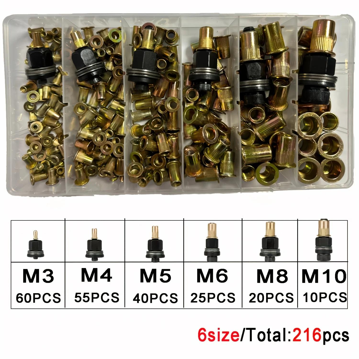 216pcs Rivet Nut Tool Set, M3 M4 M5 M6 M8 M10 Rivet Head Adapter with Matching Rivet Nuts