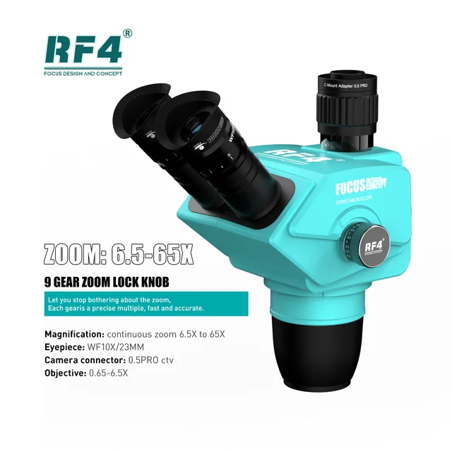 RF4 nowa głowica mikroskopu trójokularowego 6.5-65X Simul Focal ciągły Zoom mikroskop stereo WF10X/23mm okular telefon PCB Solderi