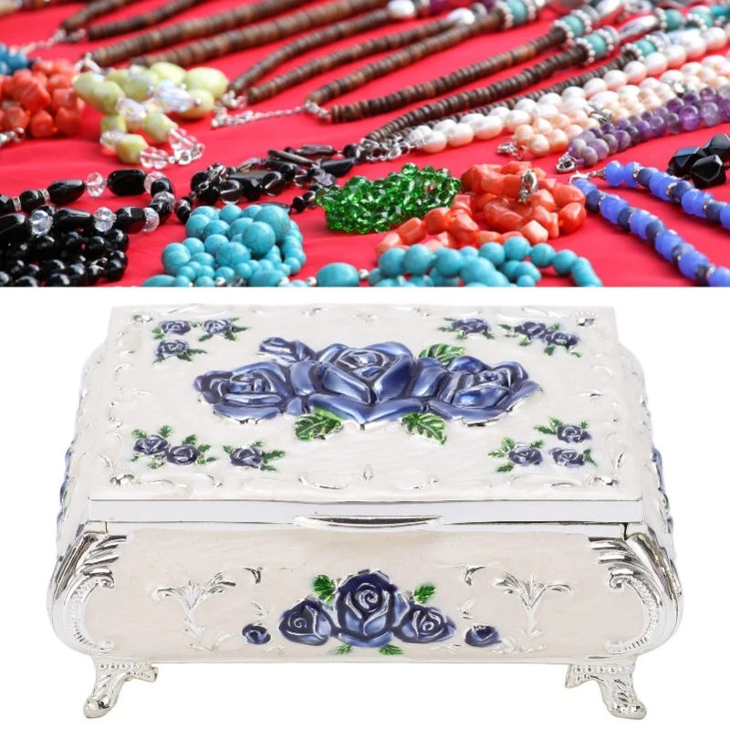 

Винтажная шкатулка для украшений с тисненым узором «Винтажные розы», из цинкового сплава, с мягким бархатом, яркими цветами, безопасная, глянцевая, маленькая, золотисто-белая