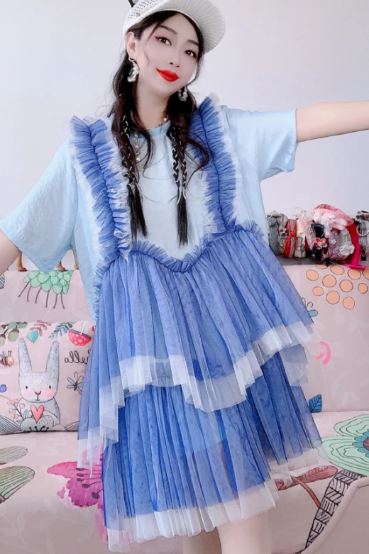 Chique vrouw mesh gesplitste ruches randen T-shirts gaas patchwork geplooide lotus pluizige taart rok zoom nep tweedelige bandjes jurk