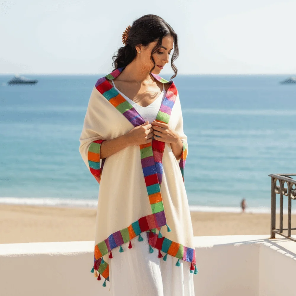 Neck Wrap Rainbow-Border Linen Scarf Color-Block Lightweight Summer Shawl Boho-Style Oversized Beach Wrap Vacation