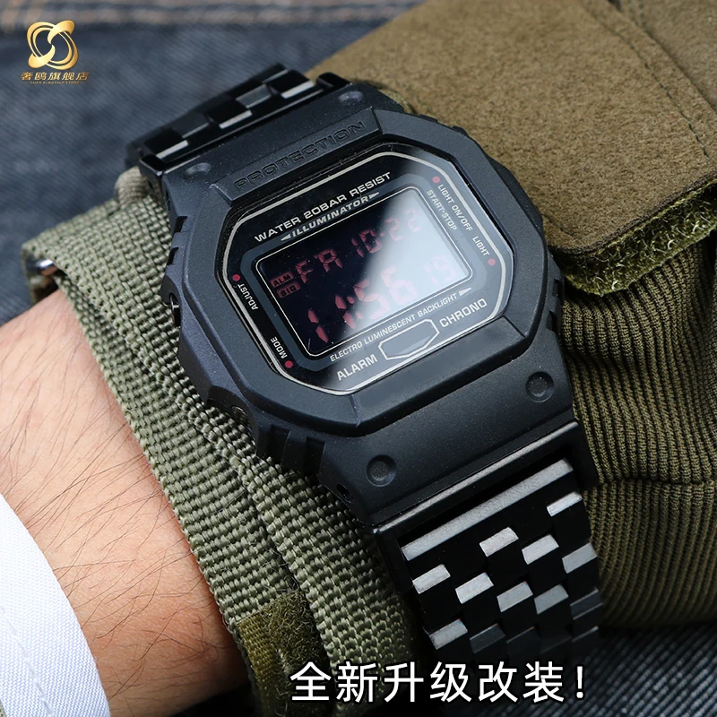 For Casio G-SHOCK watch with steel strap DW5600/5000/DW6900 GW-B5600 GW-M5610 series modified stainless steel watch black 16mm