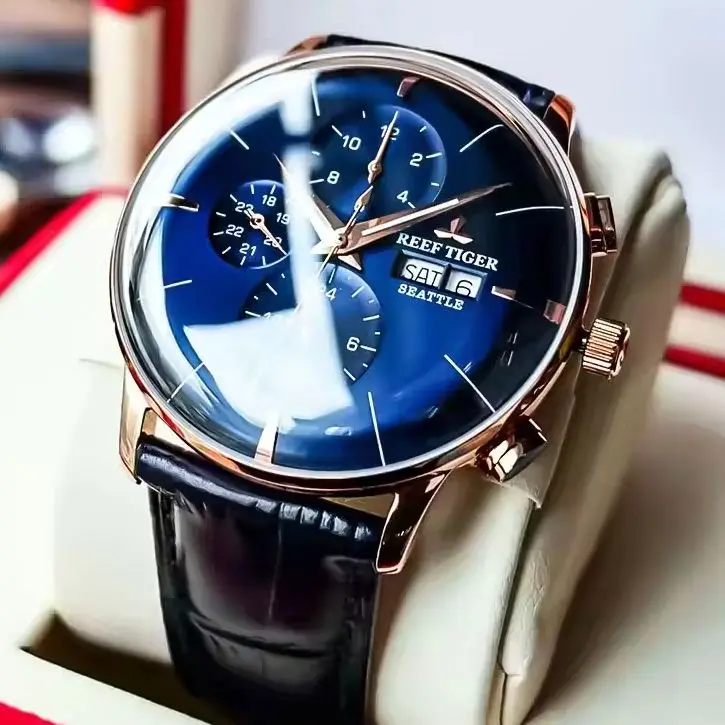 Reef Tiger Men Automatic Watch 42mm Mechanical Wristwatch 50m Waterproof Luminous Multi-Dial Month Week Date 24 Hours