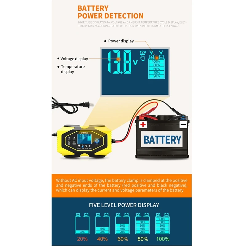 E-Fast Automatic Car Battery Charger 12V/24V Power Pulse Repair with LCD Digital Display Wet Dry Lead Acid Chargers UK Plug