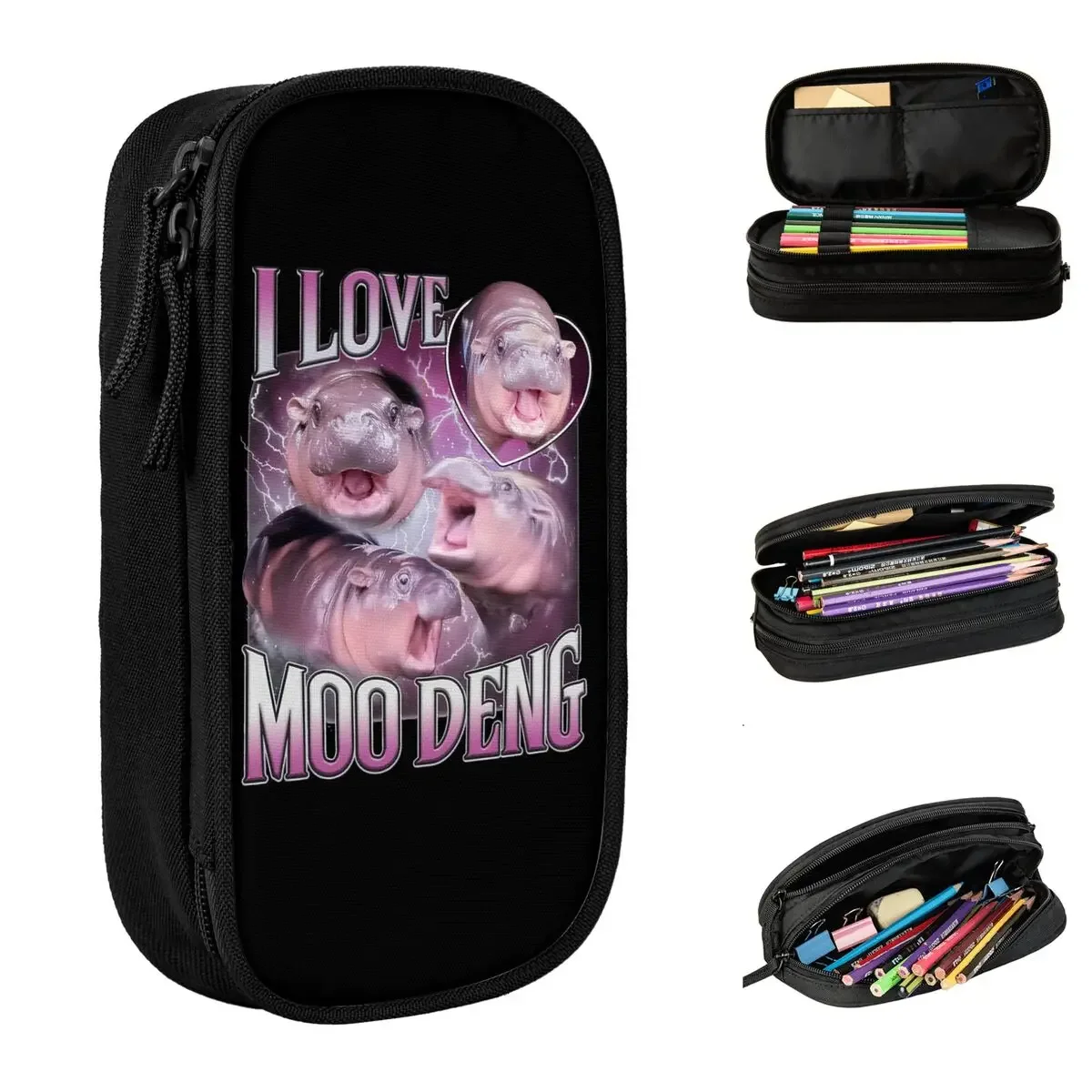 

I Love Moo Deng Pen Box Double Layer Large Capacity Office Accessories Pen Case Birthday Gift