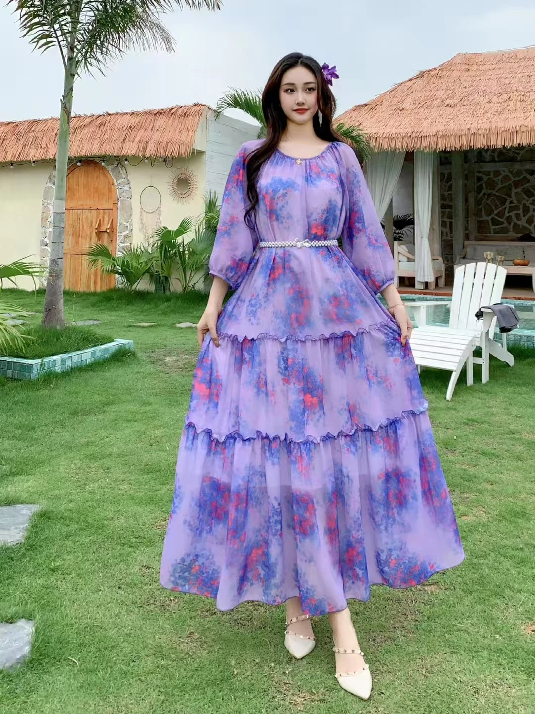 

New Spring Autumn Women Three Quarter Sleeve Belt Slim Long Dress High Quality Elegant Floral Tie Dye Cake Big Hem Chiffon Dress