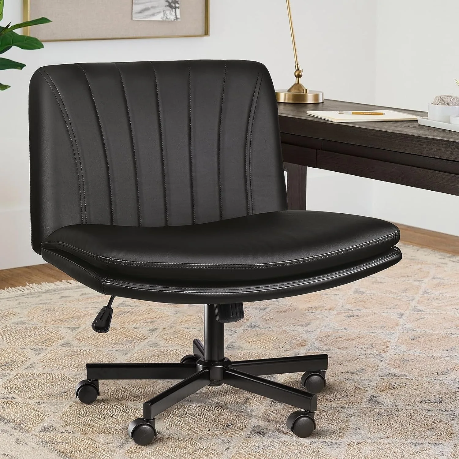 Office Desk Chair with Wheels,Faux Leather Cross Legged Wide Chairs, Mid Back Swivel Computer Task Chairs for Home Office,