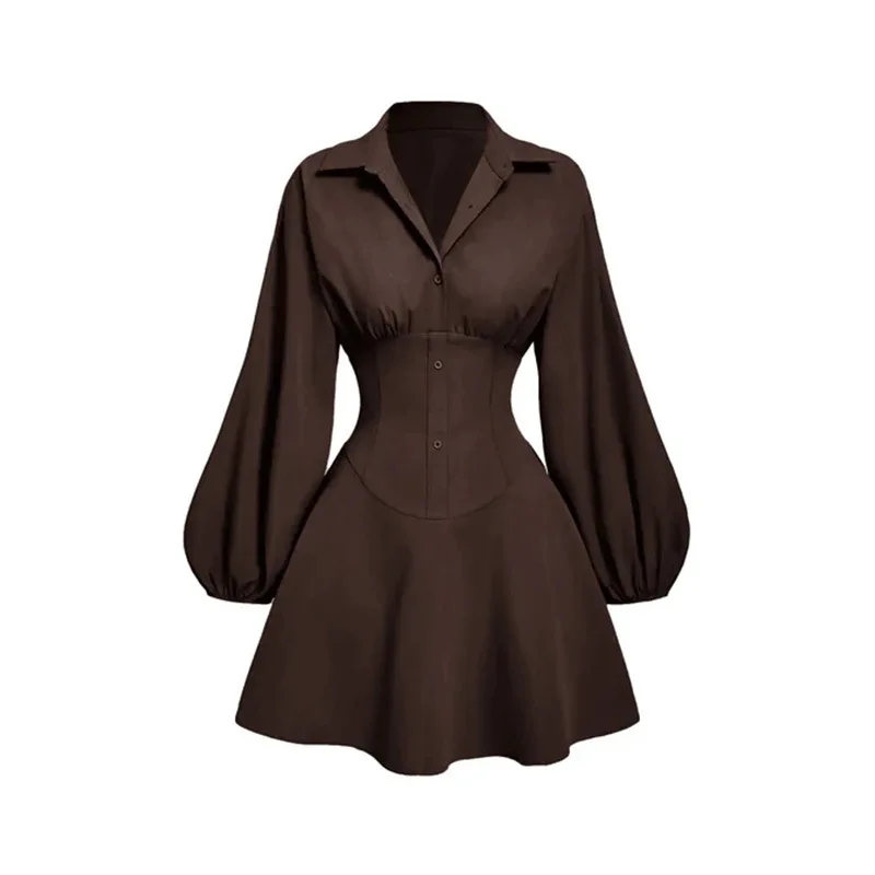 فستان نسائي قصير عصري بلون سادة، خصر عالي، أكمام منتفخة، تنورة منفوشة، مزاج أنيق لمظهر كاجوال أنيق