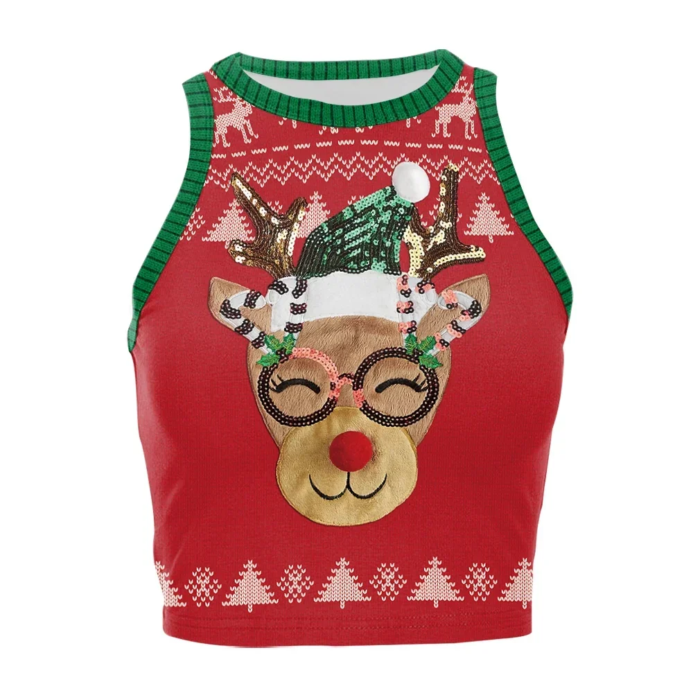 Women Elk 3D Digital Print Crop Top Merry Christmas Woman Sleeveless Shirts Girls Sexy Streetwear O-neck Fashion Streetwear