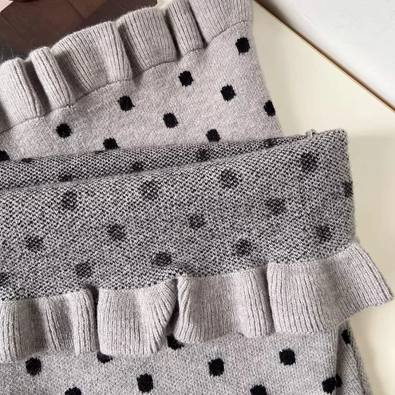 Korean Drawstring High Waist Lace Trim Women's Flared Pants 2025 Winter New Versatile Polka Dot Knitted Casual Trousers Ladies