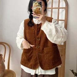 Johnature 2024 Spring New Japanese Corduroy Sleeveless Vests Casual All Match Solid Color Pockets Women Vests