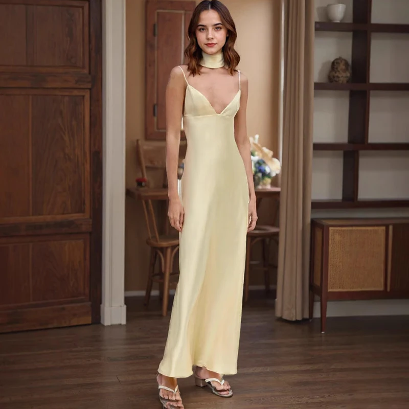 Ticketsx Scarf Satin Dress Women's Sexy V Neck Sleeveless Backless Yellow Slip Dress Summer 2025 Female Evening Party Slim Dress