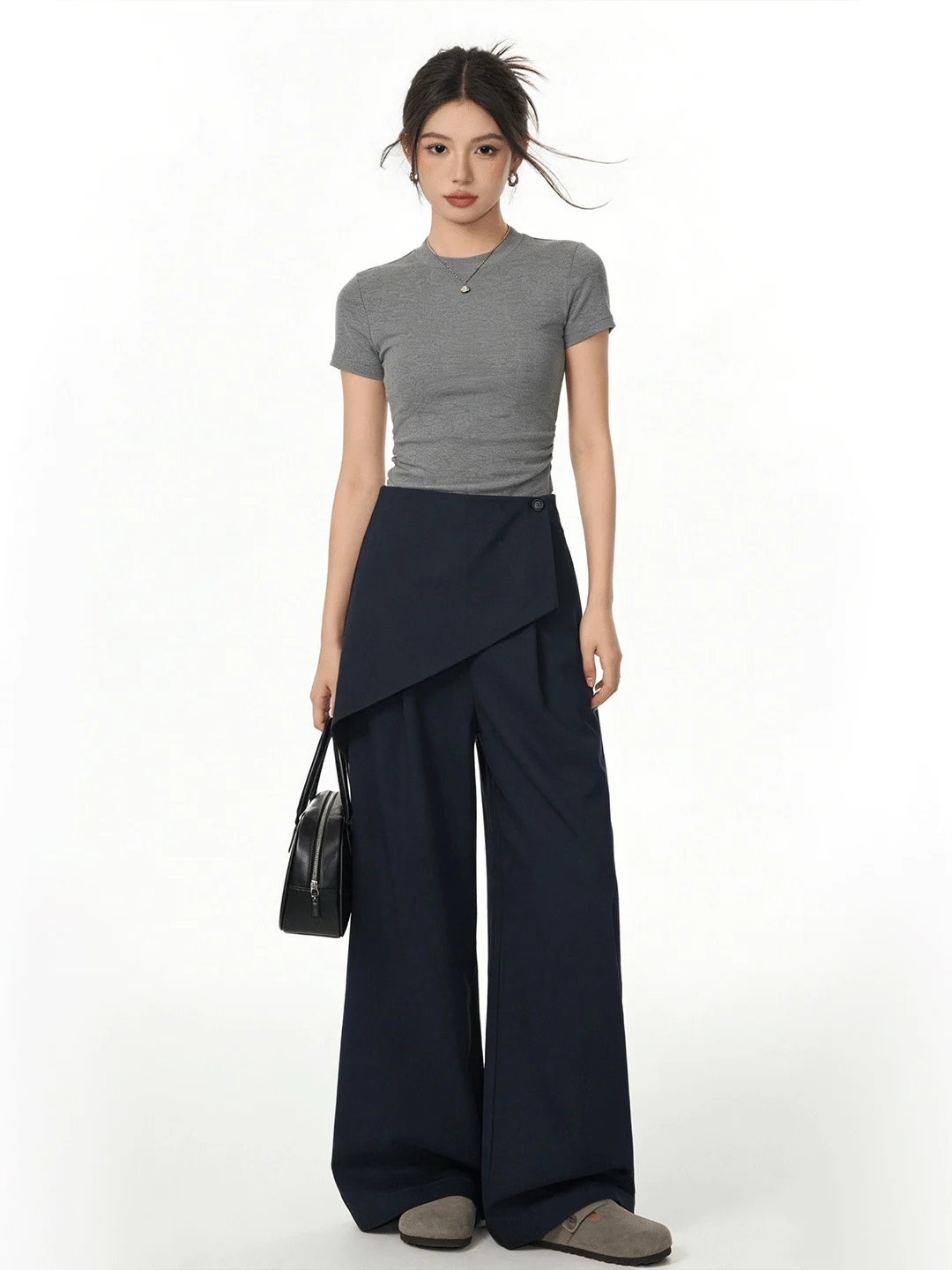 

Retro Korean Style Dark Blue Wide Leg Pants High Waist Straight Cut Casual Trousers for Women Spring Season Fashion Design