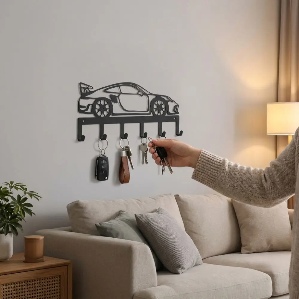 Black Minimal Metal Car Key Holder Wrought Iron Sturdy 6 Hooks Sports Car Storage Hooks Vintage Classic Pre-Drilled Holes