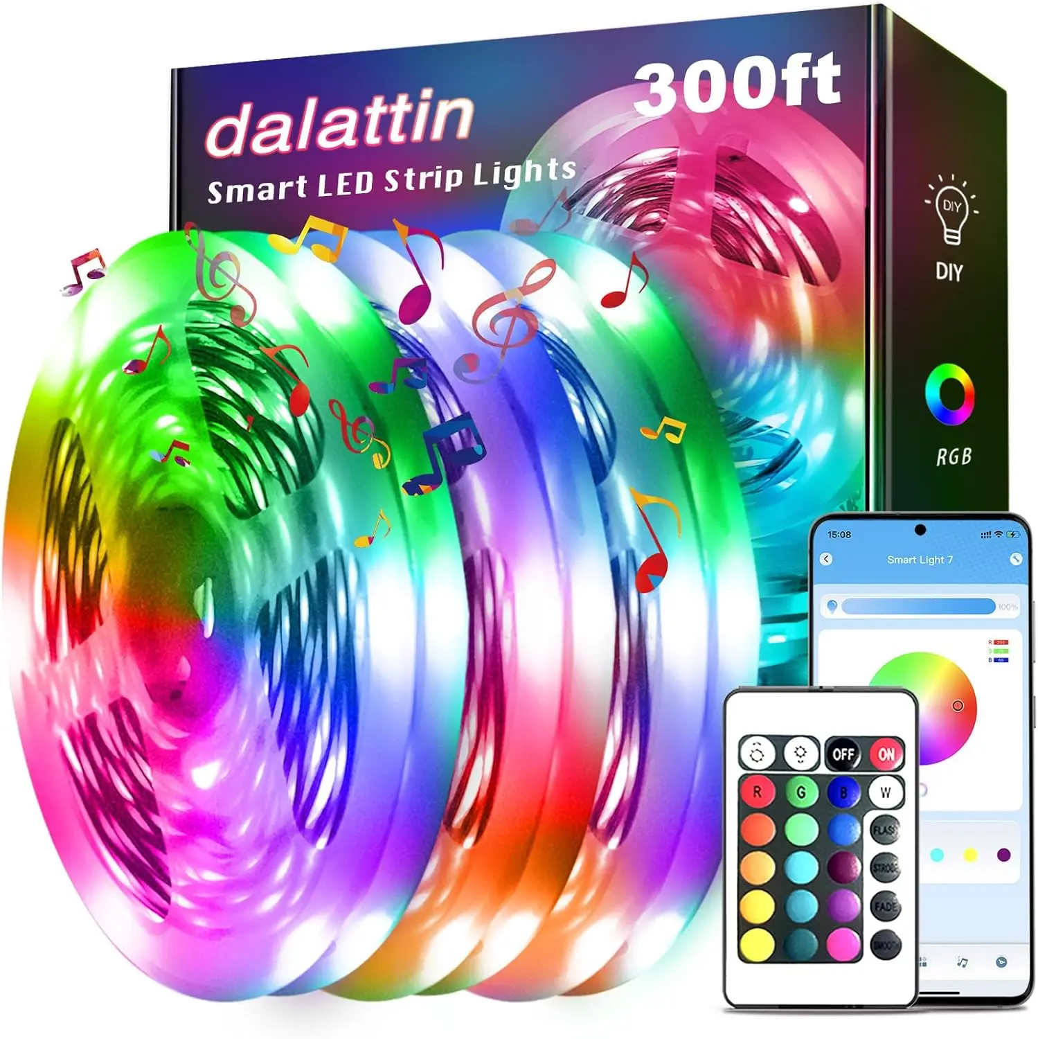 

Smart RGB LED Strip Lights 300ft, App & Remote Control, 24V for Bedroom, Room & Party Decor (3 x 100ft)