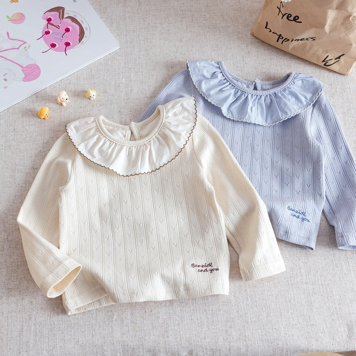 Girls Long-sleeved T-shirt 2026 Spring Autumn Tops for Kids Lotus Leaf Collar Loose Cotton Children Bottom Toddler Undershirts