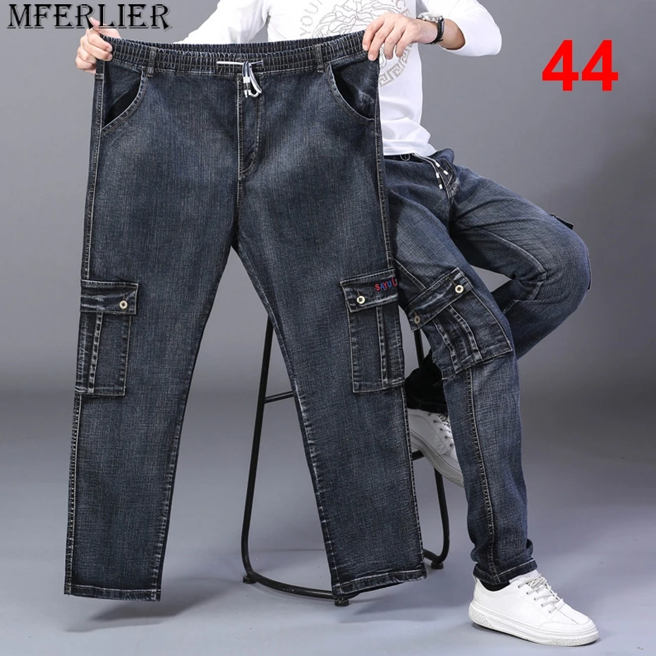 

44 Plus Size Jeans Men Denim Pants Elastic Waist Casual Fashion Solid Color Cargo Jeans Male Big Size Straight Trousers