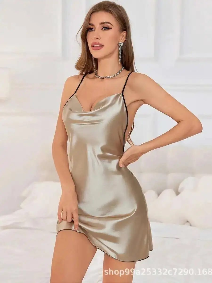 Sexy Weibliches Kleid Wickelbrust Rückenfrei Schmetterling Spitze Nachtkleid Seidensatin Damen Hosenträger Ärmelloses Kleid Schön FAHB