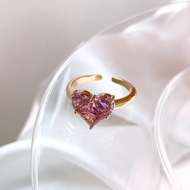 French Romantic Pink Heart-shaped Zircon Gold Color Open Rings Party Women\'s Luxury Set Jewelry Korean Girls Fashion Accessories