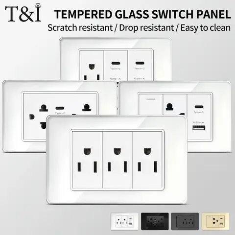 T&I 118*75mm Tempered Glass US Wall Socket White Thai USB Socket Plug with Dual USB Type-C Ports,Light Switch 110V