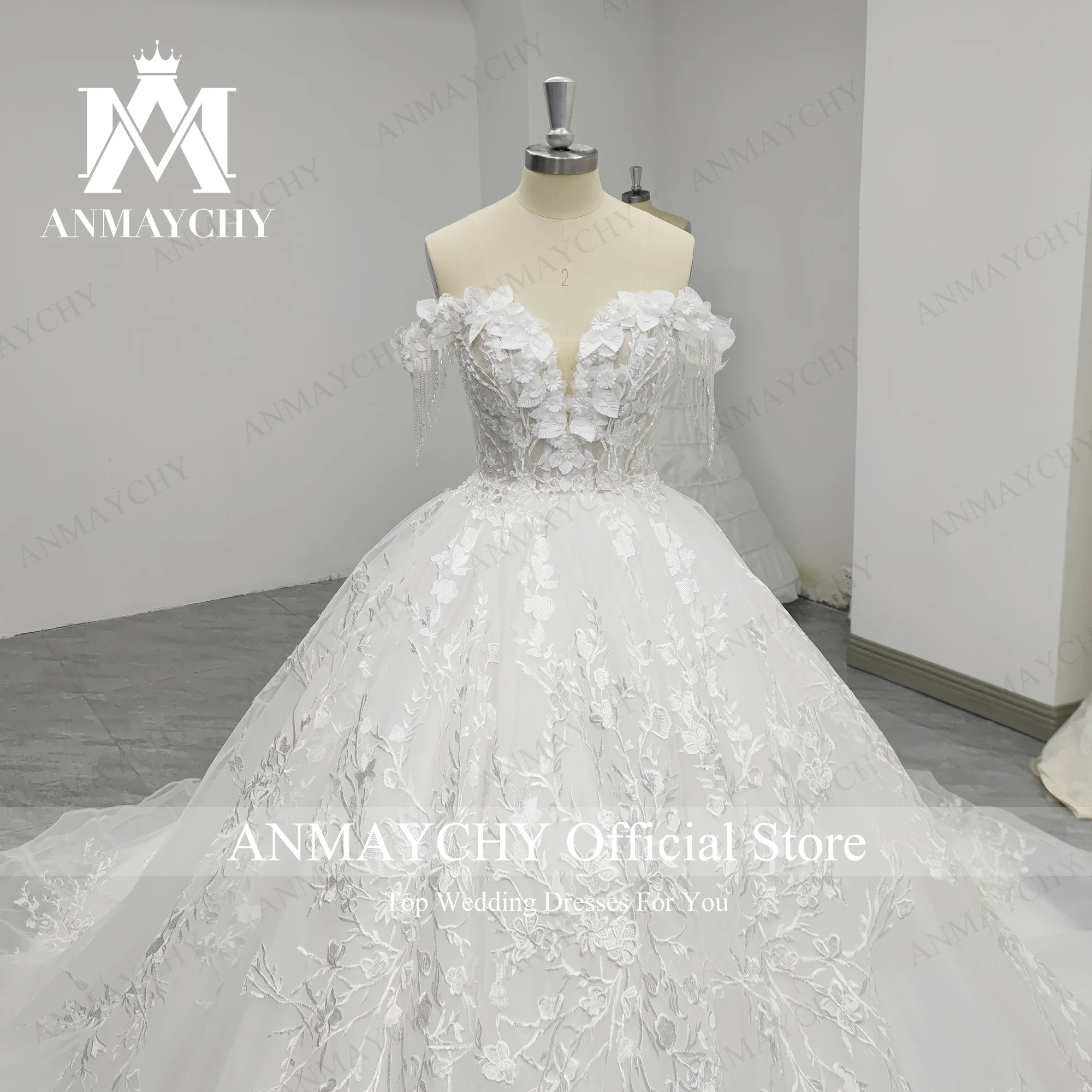 ANMAYCHY  A-Line Luxury Wedding Dresses For Women 2022 Off the Shoulder Beading 3D Flowers TASSEL Wedding Gown Vestidos De Novia