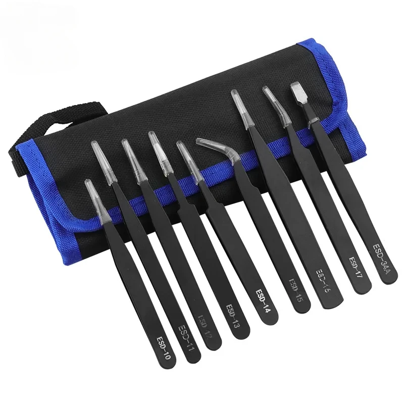 9Piece Precision Tweezers Set Stainless Steel ESD Anti-Static Tweezers Kit for Electronics Soldering /Jewelry-Making/ Laboratory