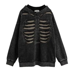 Hip Hop Skeleton Patchwork Sweatshirt Men Harakuju Washed Vintage Pullover Hoodies Streetwear