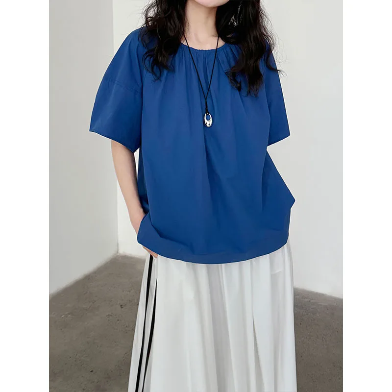 

Блузка женская, топы, рубашка в корейском стиле, с открытой спиной, уменьшающая возраст, летний новый стиль, морщинистый топ с круглым вырезом и короткими рукавами