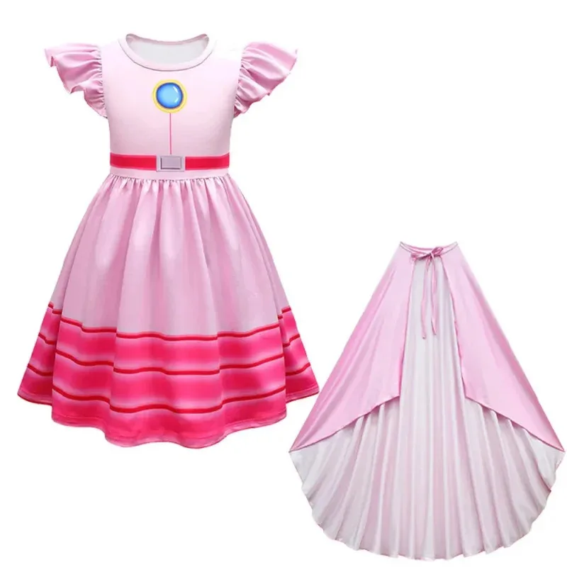 Anime Peach Princess Cosplay Costume Kids Game Pink Fluffy Sleeved Dress Girls Princess Role Play Skirt Halloween Carnival Party