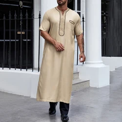 Genderless Arab Satin Muslim Ethnic Style Robe Embroidered Loose Breathable Middle Eastern Islamic Short-Sleeve Robe Unisex