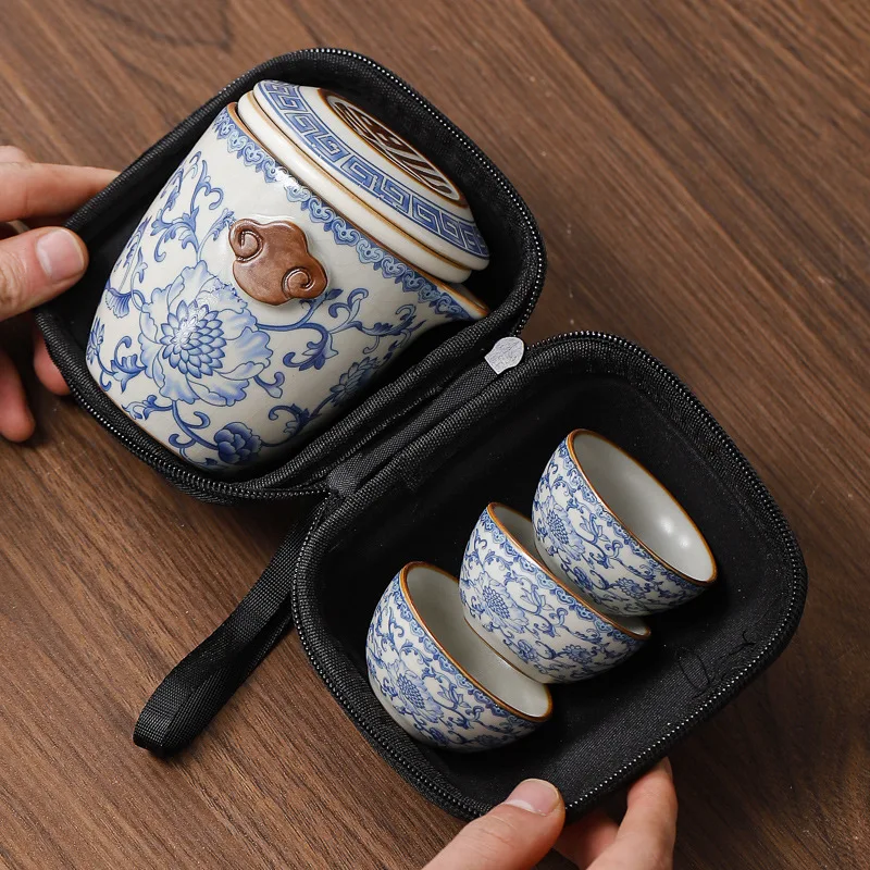 

Ru Kiln Blue and White Porcelain Lotus Outdoor Portable Camping Travel Tea Set Teapot Gaiwan Kung Fu Tea Cup Tea Ceremony Gift