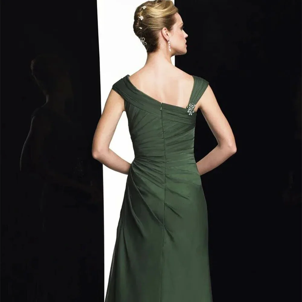 Green Pleat Chiffon Mother of Bride Dresses With Diamond Decoration Summer Wedding Evening Party Gown For WomenCL-583