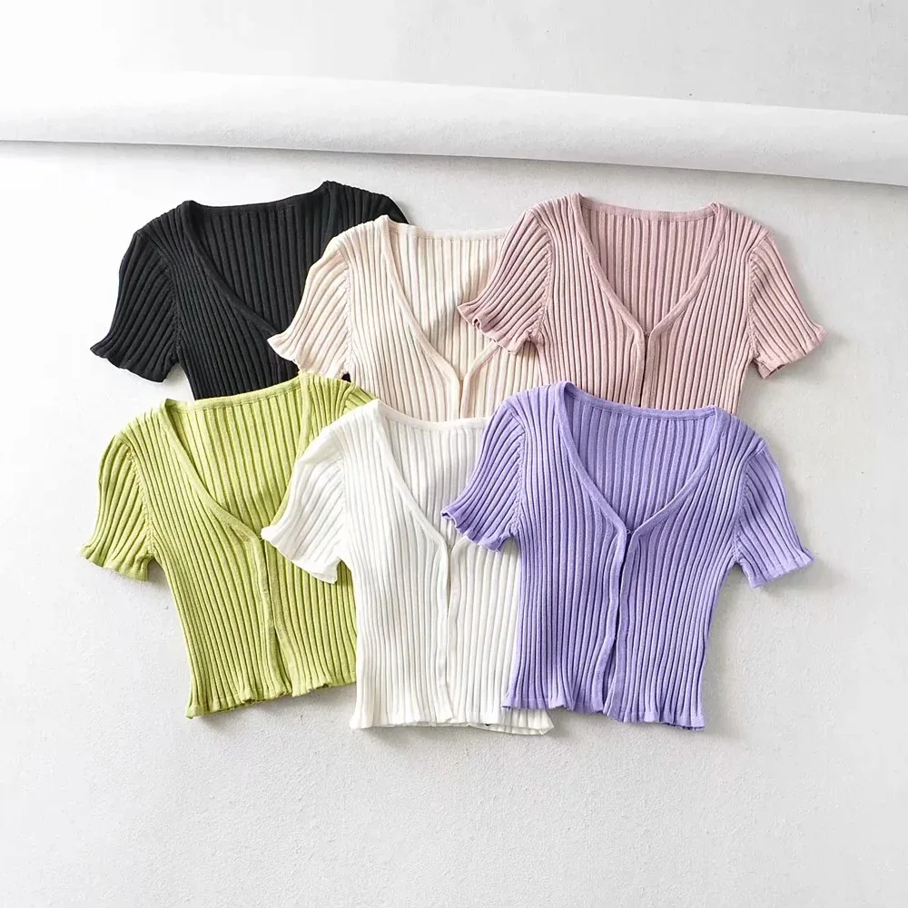 

Women's ort Sve T-irt Cardigan Knitted Slim Fit Summer Street Sle Pure Color Button Plaet Splice Design Cotton