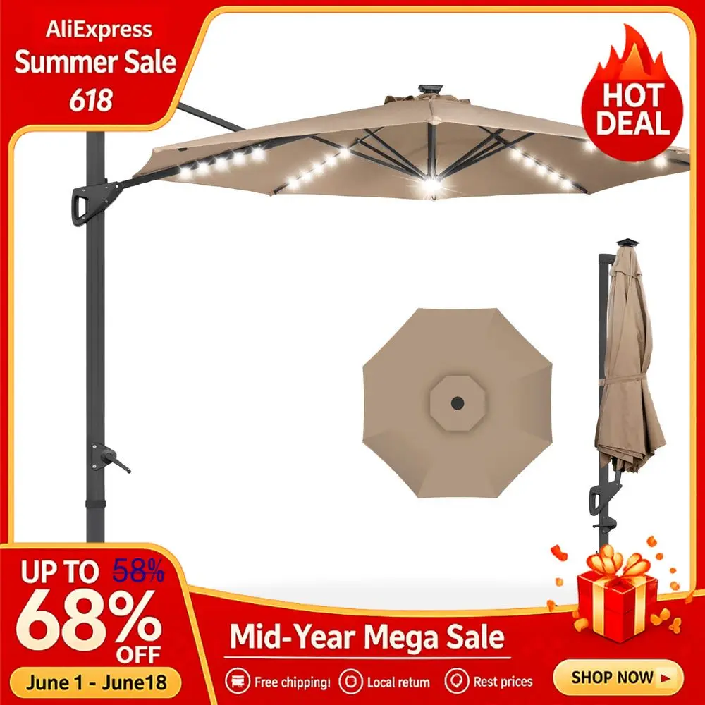 

10 FT Solar LED Cantilever Umbrella, Offset Style with Weighted Sandbag Base, Custom