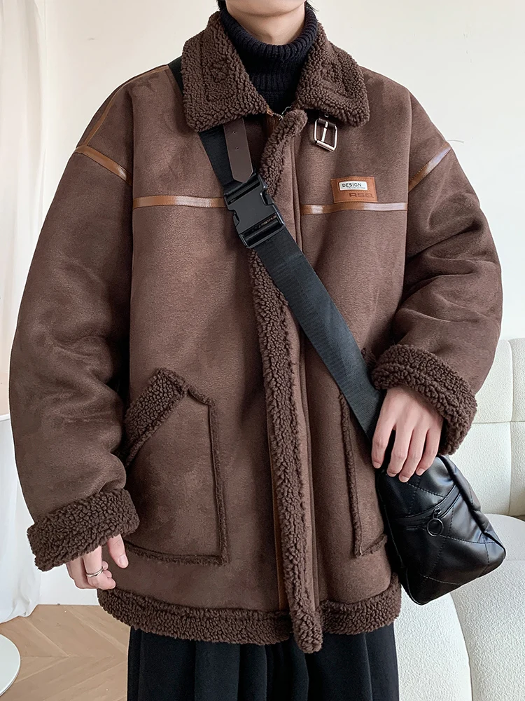 2025 Autumn Winter New American Retro Men's Thickened Fleece Coffee Color White Black Loose Casual Lamb Wool Jacket