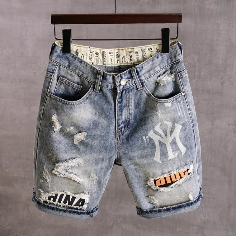 Men\'s Denim Shorts With Holes Washed Korean Style Straight Quarter Patch Casual Jeans